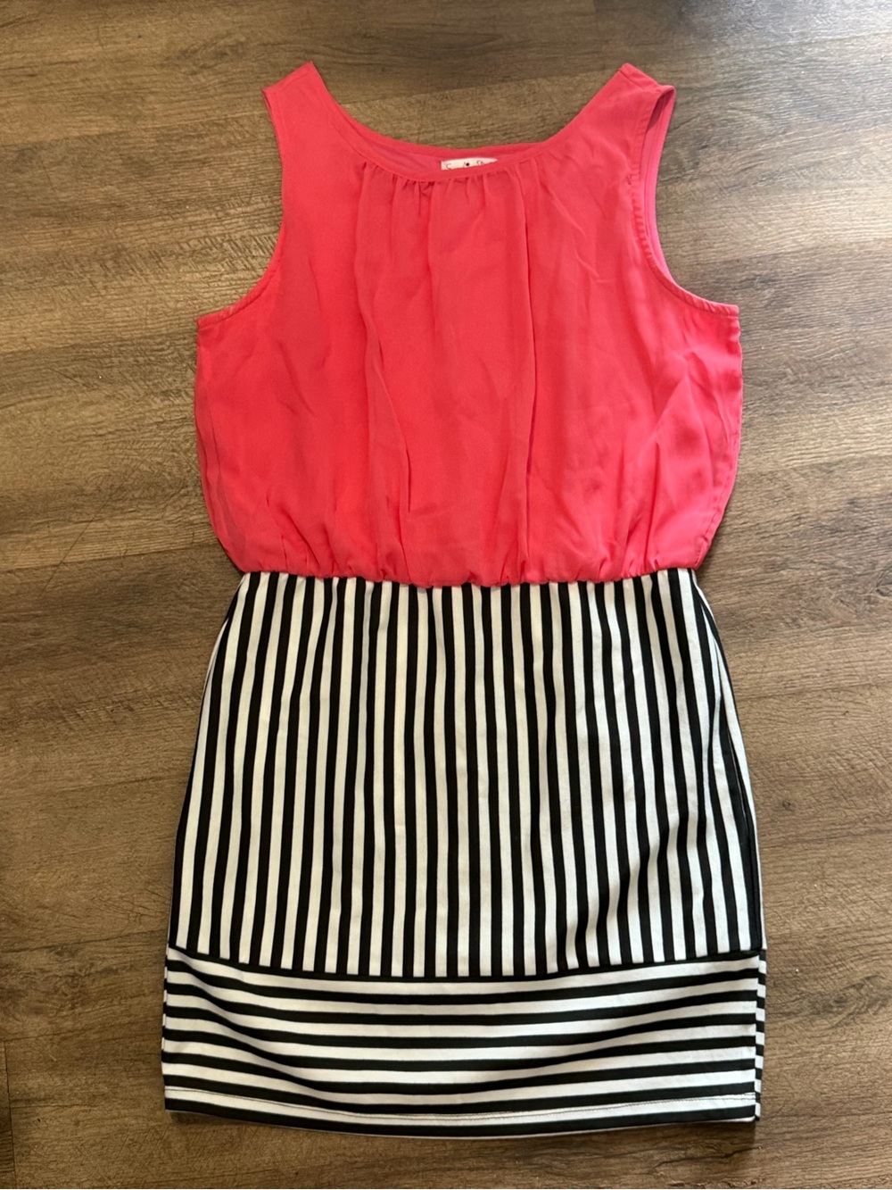 Sleeveless Coral Pink Bodice with Black & White Striped Mini Skirt Dress